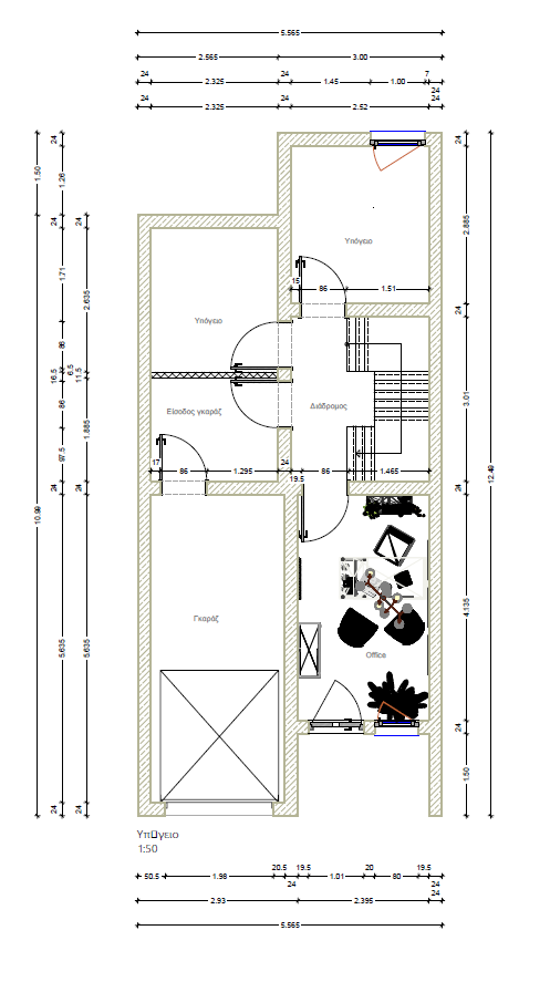 Κάτοψη υπόγειου επιπέδου που περιλαμβάνει γκαράζ, χώρο εργασίας (γραφείο) και δωμάτιο χόμπι.